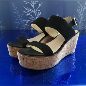 Steve Madden Black and Tan Wedge Sandals